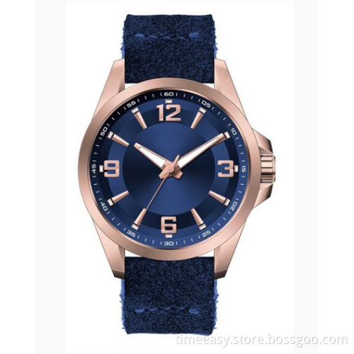 Popular Rose Gold Steel Watch with Leather Band